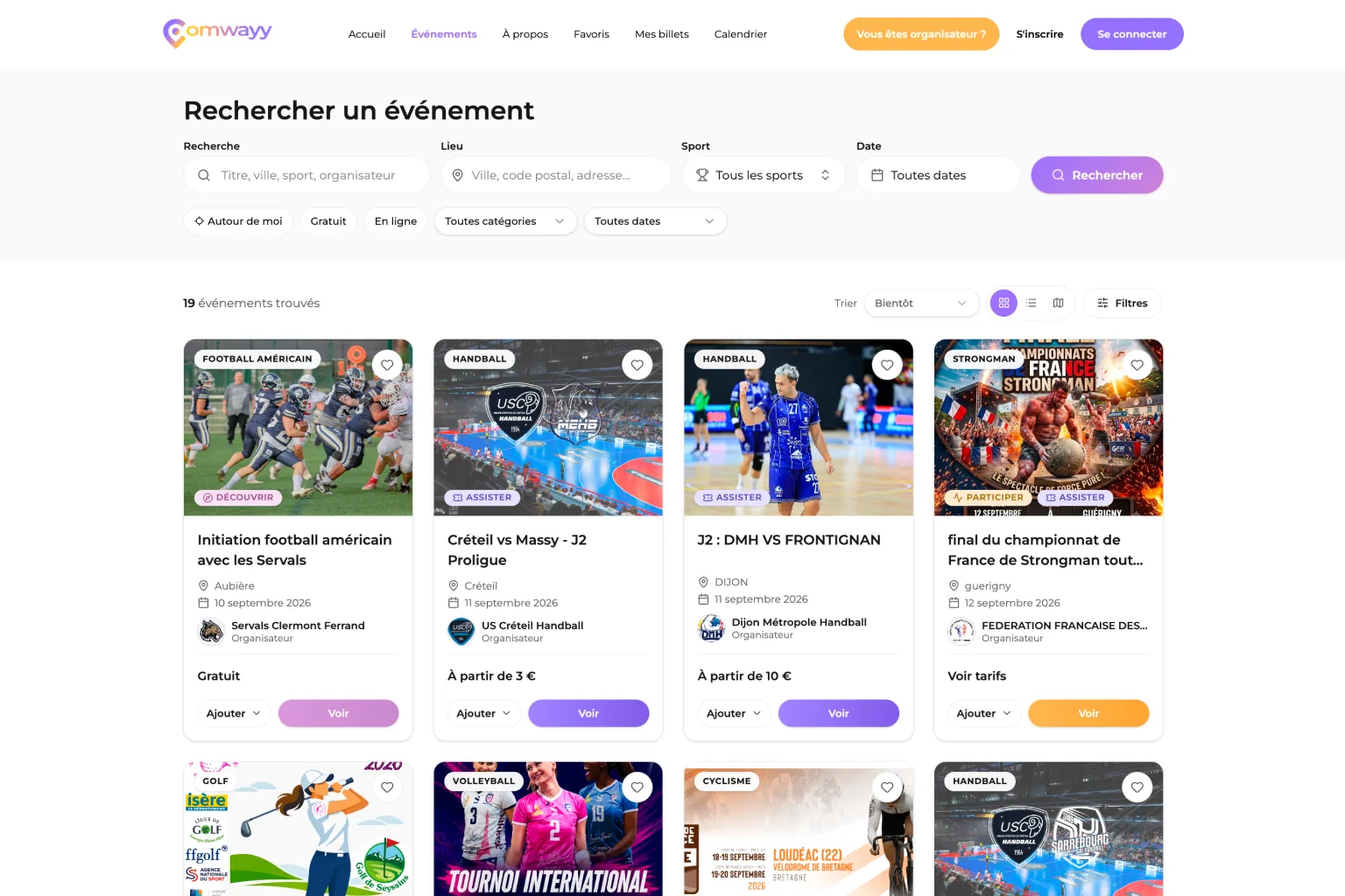 Page de recherche de la plateforme : champs recherche, lieu, sport et date, raccourcis « Autour de moi », « Gratuit », « En ligne », compteur « 19 événements trouvés », choix entre vue grille, liste et carte, puis grille d'événements avec sport, lieu, date, organisateur et prix.