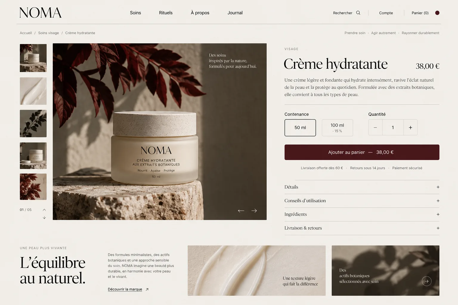 Fiche produit d'une crème hydratante : galerie de miniatures verticale, grande photographie du pot, colonne d'achat à droite avec contenance, quantité et bouton d'ajout au panier.