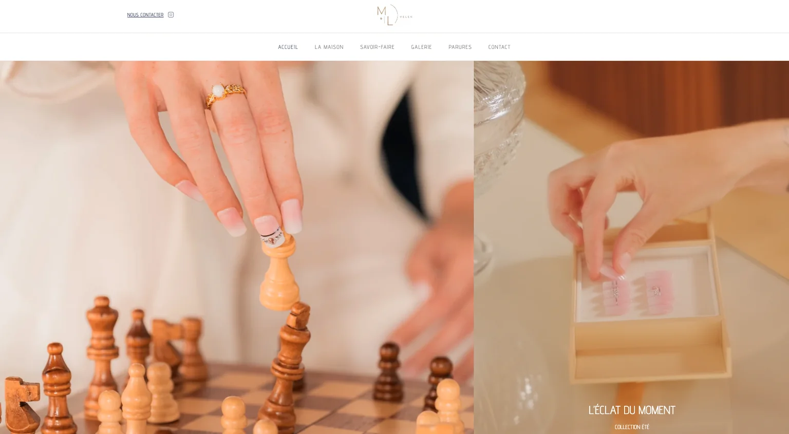 Page d'accueil d'une maison de parures onglaires : écran partagé en deux photographies, une main aux ongles décorés déplaçant une pièce d'échecs à gauche, un écrin ouvert à droite avec la mention « L'éclat du moment, collection été ».