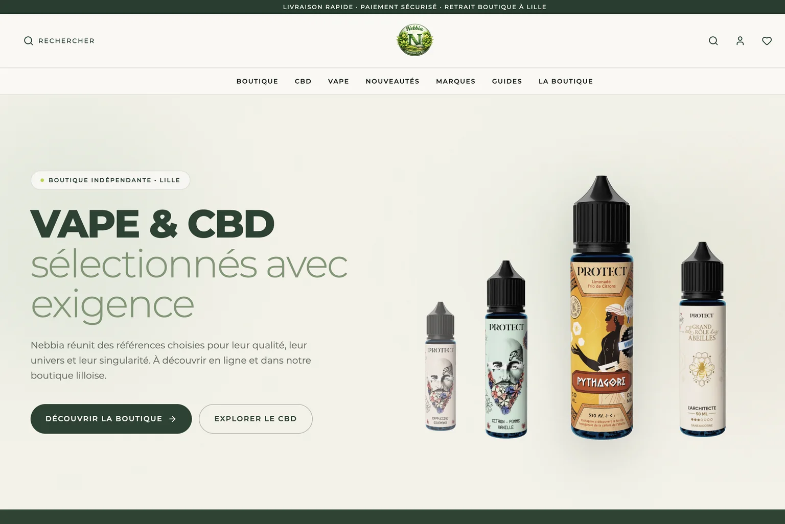 Page d'accueil de la boutique : vert profond et crème, titre « Vape & CBD sélectionnés avec exigence », quatre flacons d'e-liquide alignés à droite, et une pastille « Boutique indépendante ».